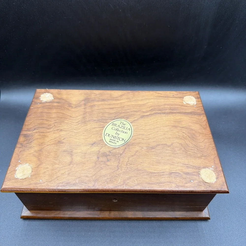 Vtg Wood Jewelry Box 3 Tone Rose Floral Inlay Brazil Yellow Lining 9.5x6.25